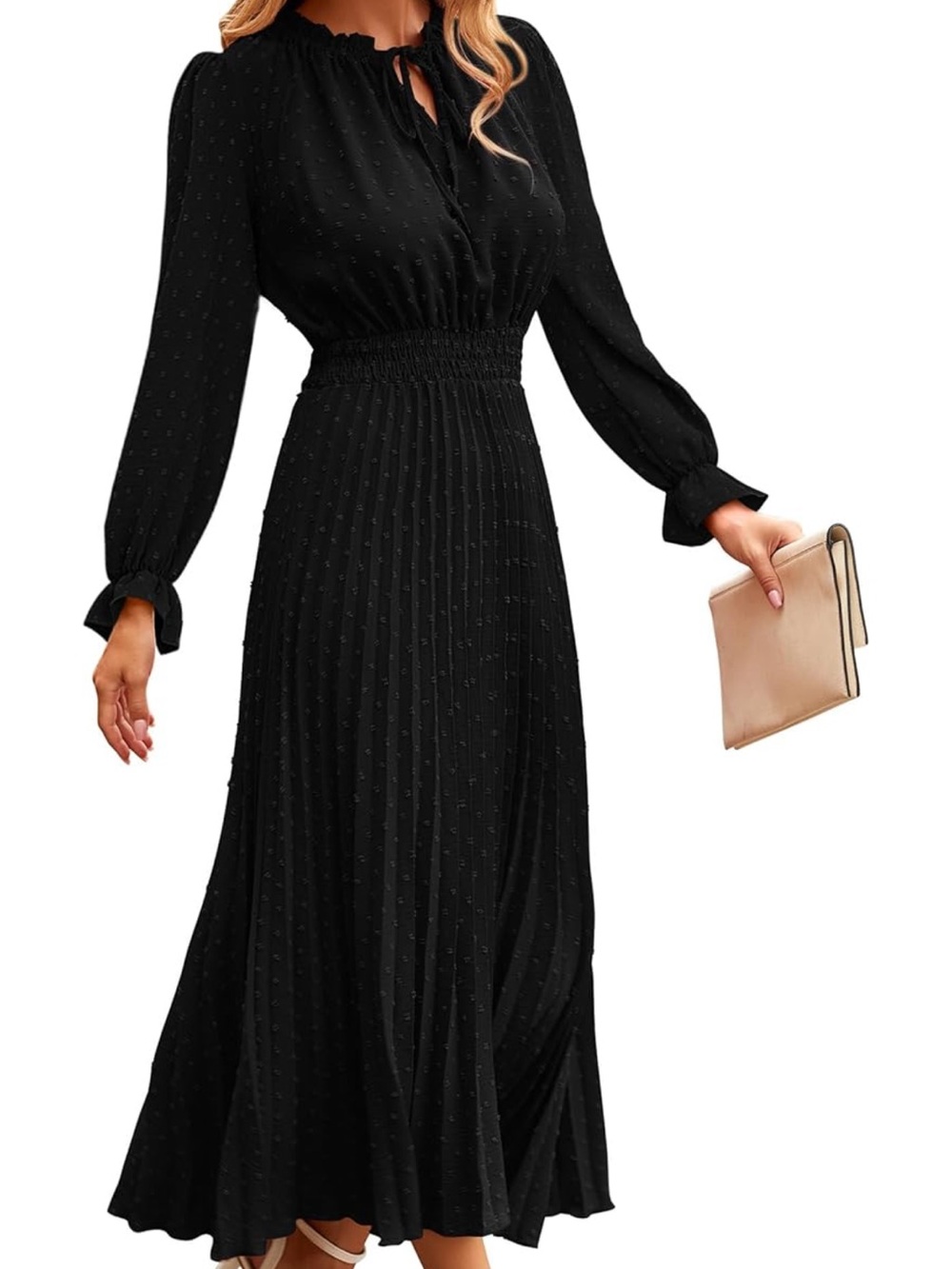 Black Smocked-Waist Maxi Dress with Long Sleeves